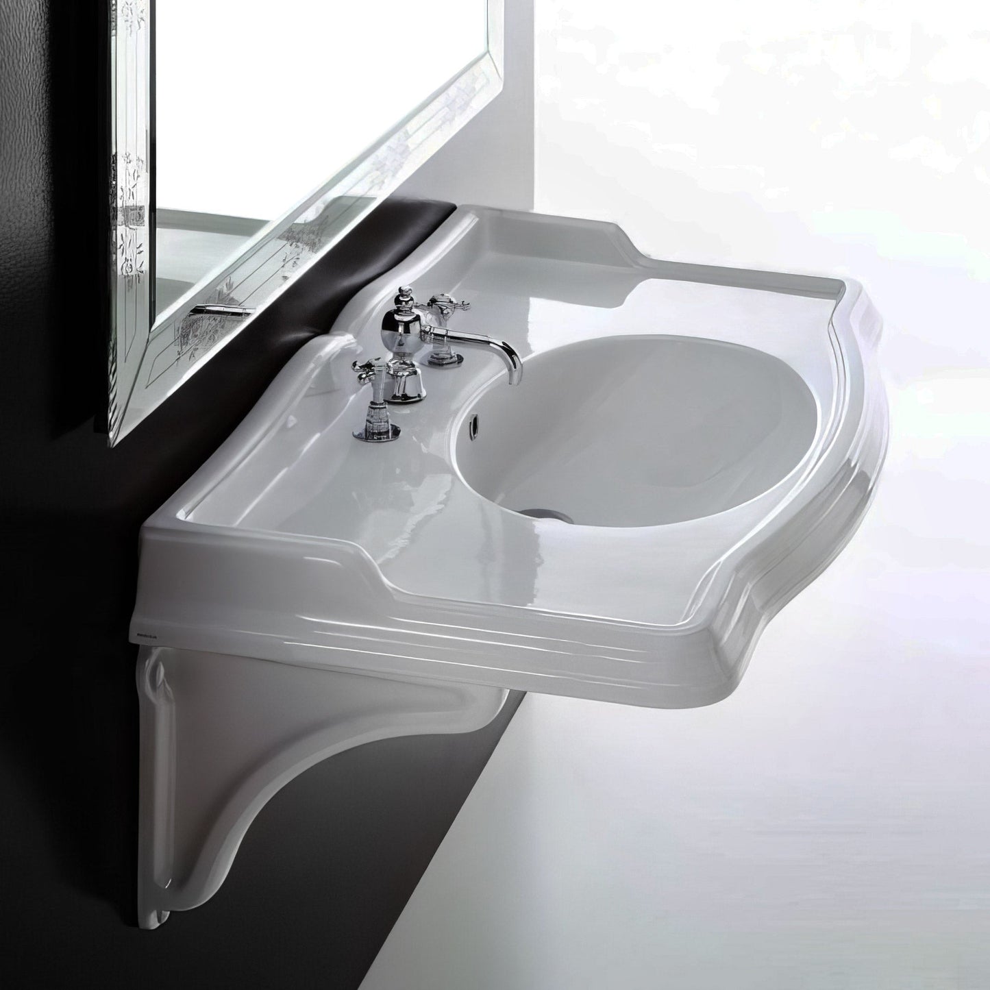 Isabella Collection Large Rectangular Wall Mount Basin with Integrated Oval Bowl and Ceramic Shelf Supports