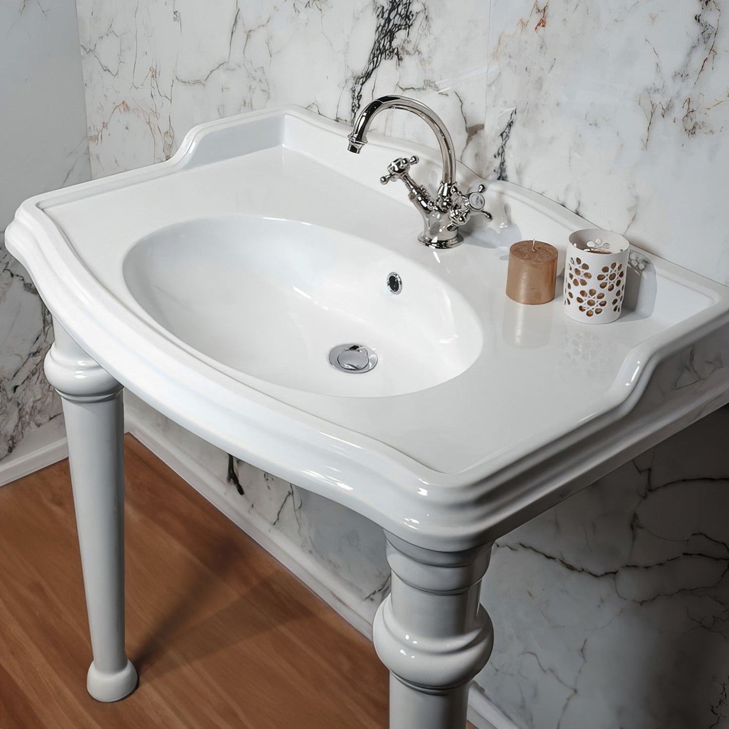 Isabella Collection 40" Rectangular Console Sink with integrated oval bowl, backsplash and ceramic leg support