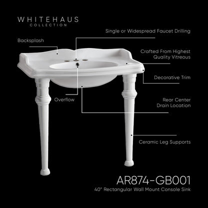 Isabella Collection 40" Rectangular Console Sink with integrated oval bowl, backsplash and ceramic leg support