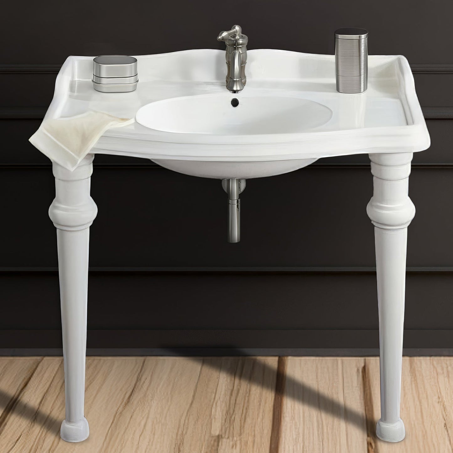Isabella Collection 40" Rectangular Console Sink with integrated oval bowl, backsplash and ceramic leg support