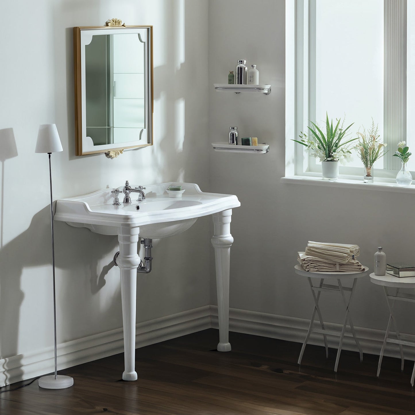 Isabella Collection 40" Rectangular Console Sink with integrated oval bowl, backsplash and ceramic leg support