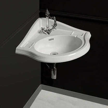 Isabella Collection Corner Wall Mount Basin with Single Hole Faucet Drilling, Oval bowl, Backsplash, Dual Soap Ledges and Overflow