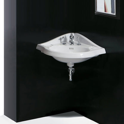 Isabella Collection Corner Wall Mount Basin with Single Hole Faucet Drilling, Oval bowl, Backsplash, Dual Soap Ledges and Overflow