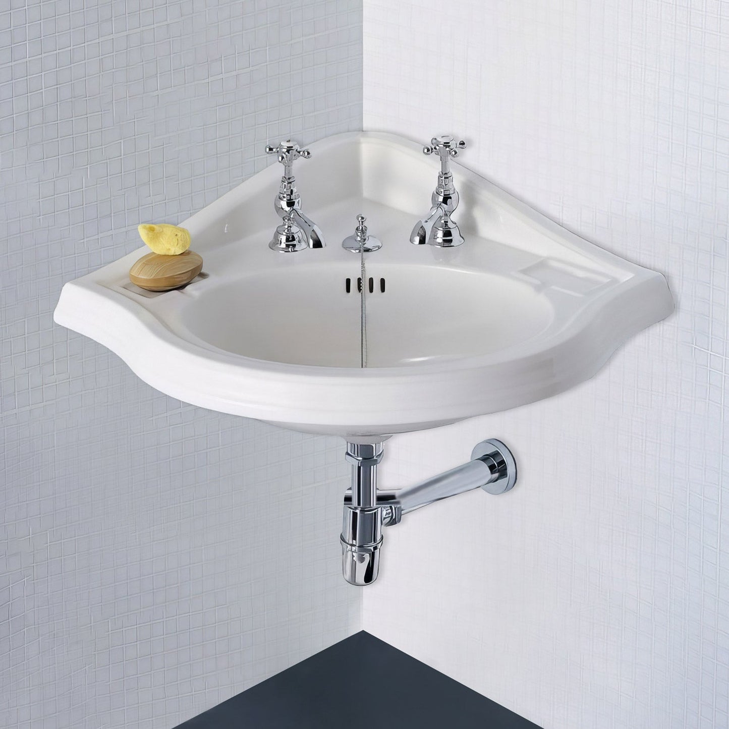 Isabella Collection Corner Wall Mount Basin with Single Hole Faucet Drilling, Oval bowl, Backsplash, Dual Soap Ledges and Overflow