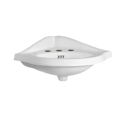 Isabella Collection Corner Wall Mount Basin with Single Hole Faucet Drilling, Oval bowl, Backsplash, Dual Soap Ledges and Overflow