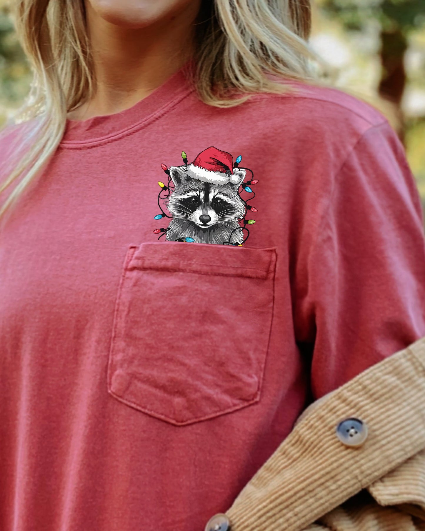 Adorable Christmas Raccoon, Pocket, Cute, Trash Panda, Santa, Winter Snow Pocket Tee Comfort Colors T-Shirt