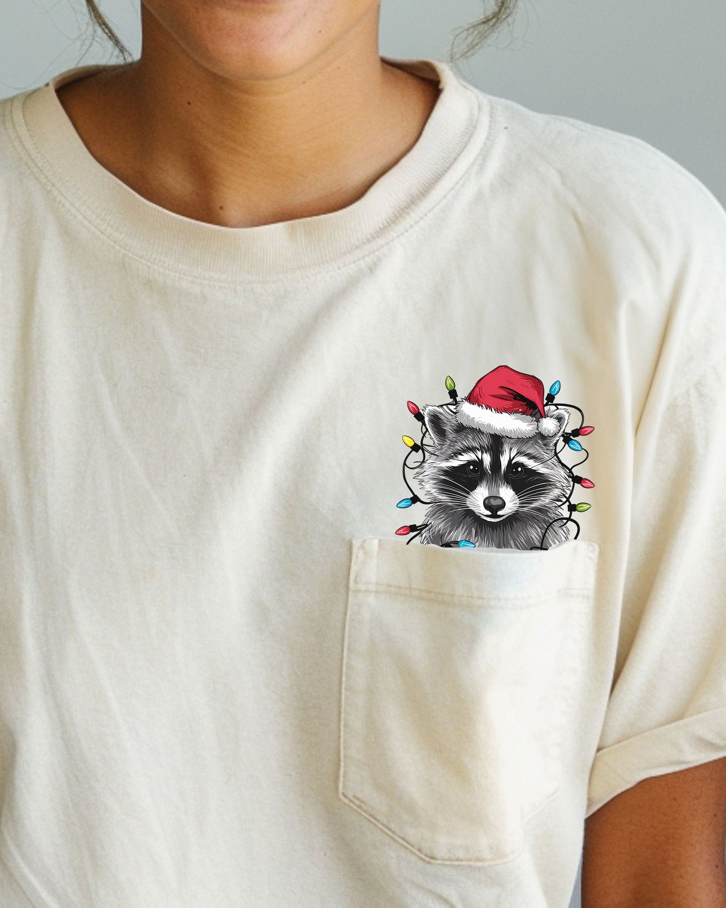 Adorable Christmas Raccoon, Pocket, Cute, Trash Panda, Santa, Winter Snow Pocket Tee Comfort Colors T-Shirt