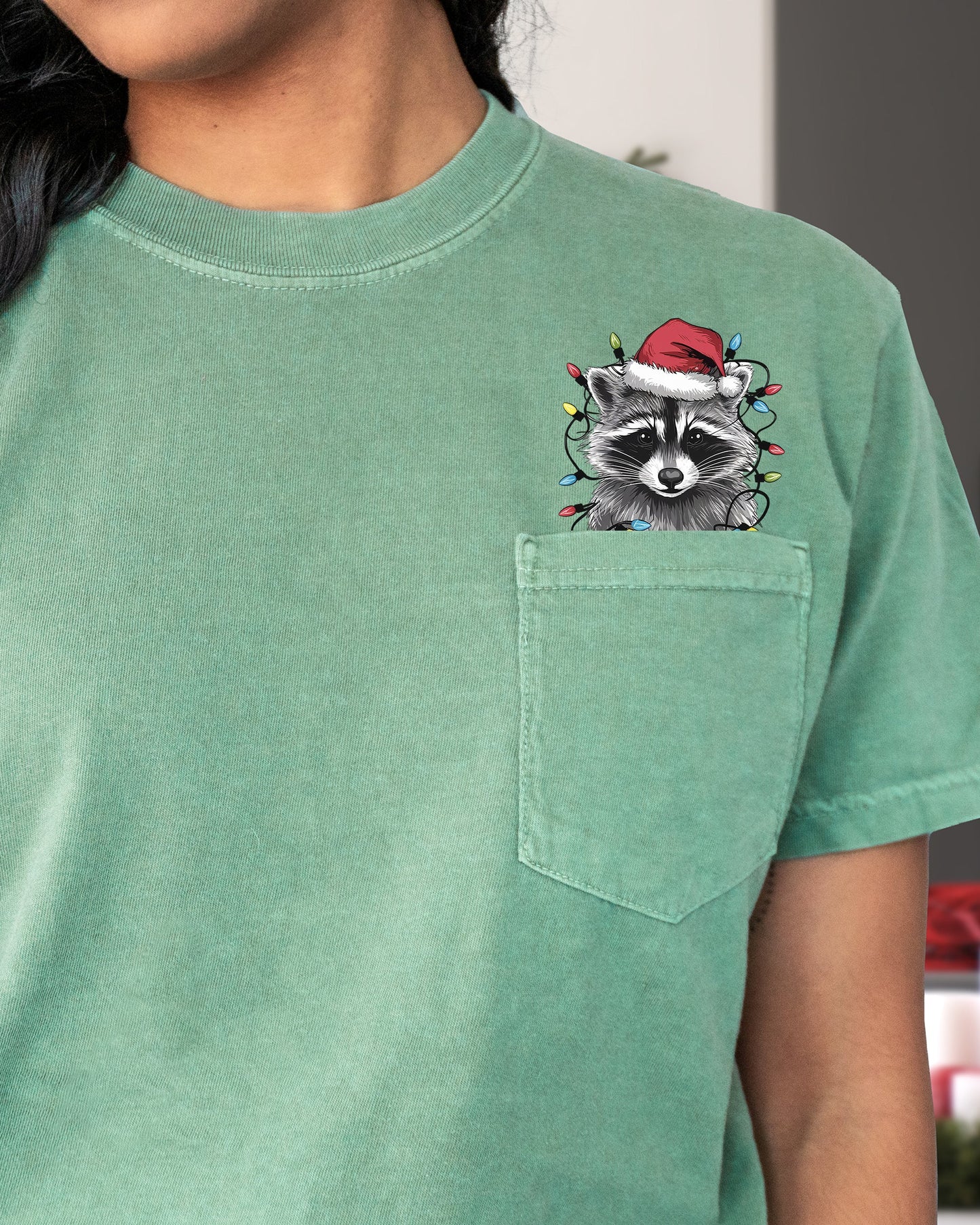Adorable Christmas Raccoon, Pocket, Cute, Trash Panda, Santa, Winter Snow Pocket Tee Comfort Colors T-Shirt