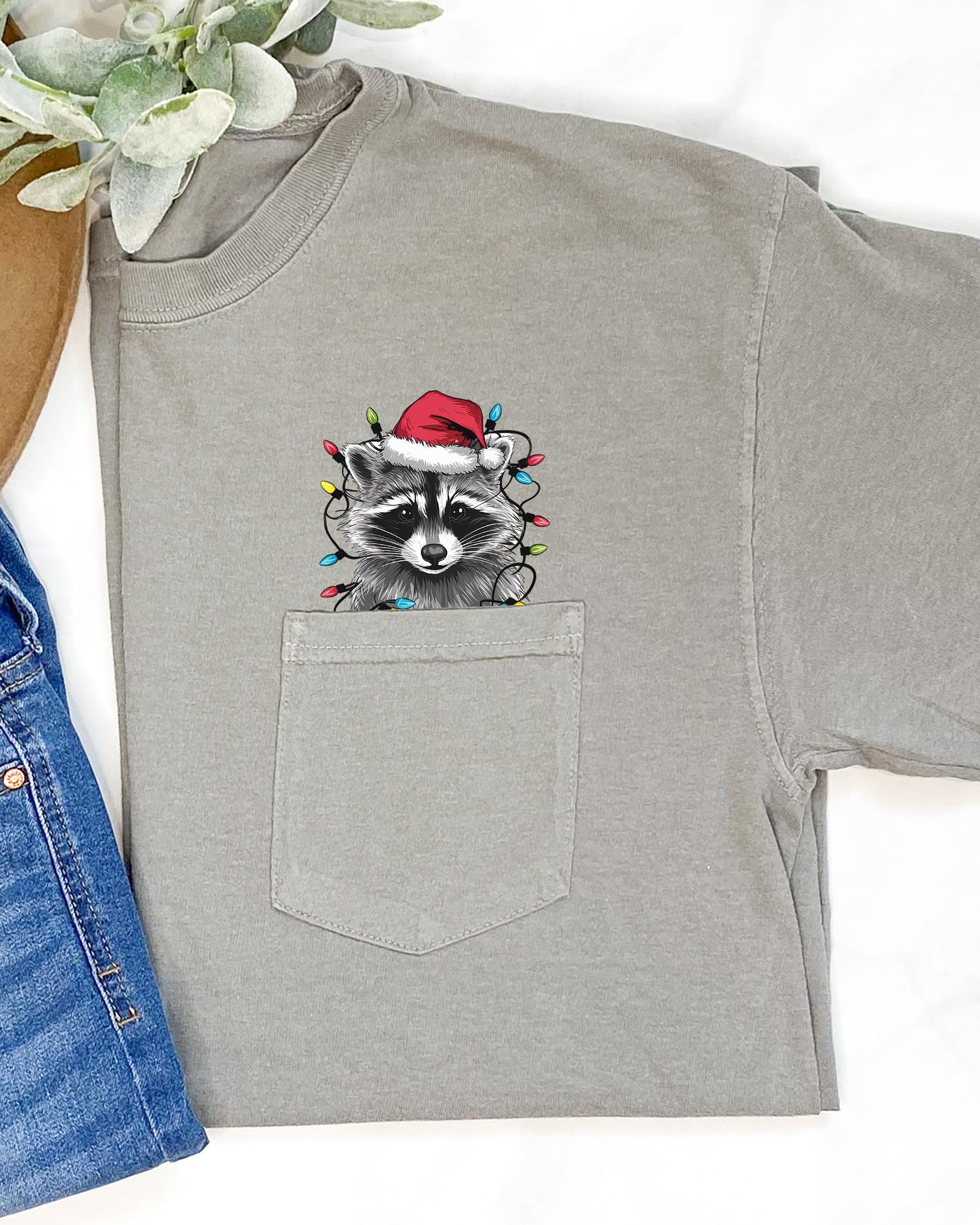 Adorable Christmas Raccoon, Pocket, Cute, Trash Panda, Santa, Winter Snow Pocket Tee Comfort Colors T-Shirt
