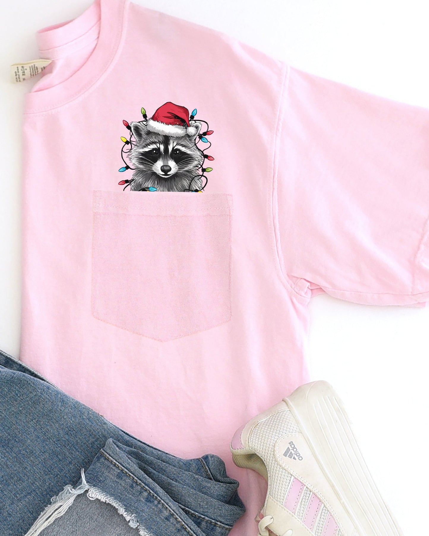 Adorable Christmas Raccoon, Pocket, Cute, Trash Panda, Santa, Winter Snow Pocket Tee Comfort Colors T-Shirt
