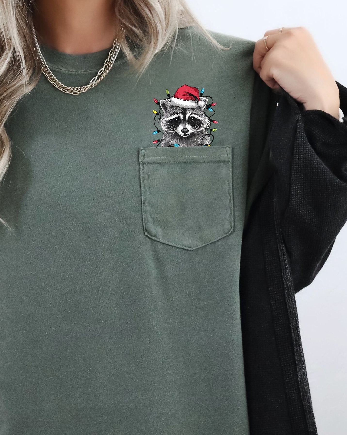 Adorable Christmas Raccoon, Pocket, Cute, Trash Panda, Santa, Winter Snow Pocket Tee Comfort Colors T-Shirt