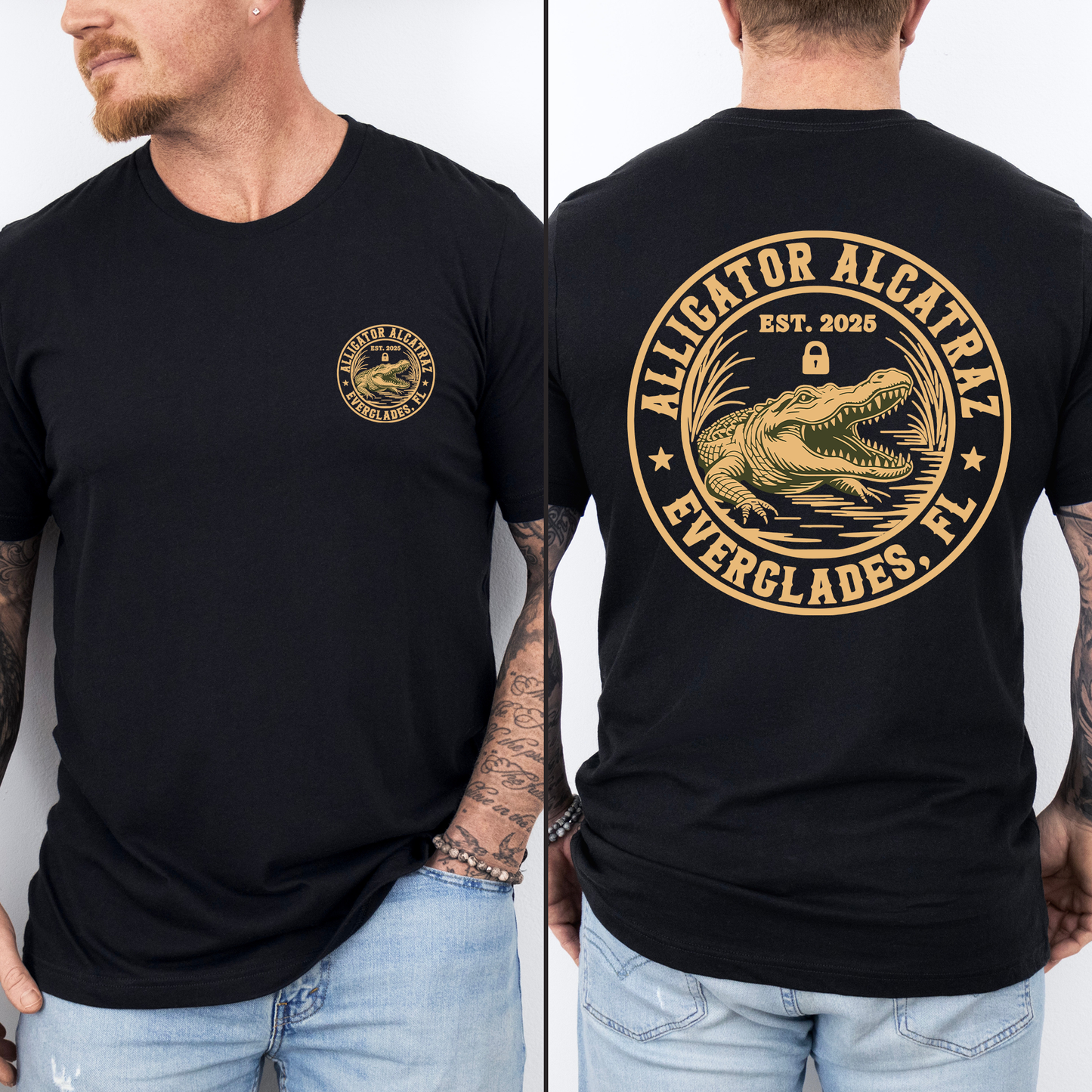 Alligator Alcratraz, ICE, Florida Everglades, Funny Retro T-Shirt MAGA Men's Shirtm, Front and Back
