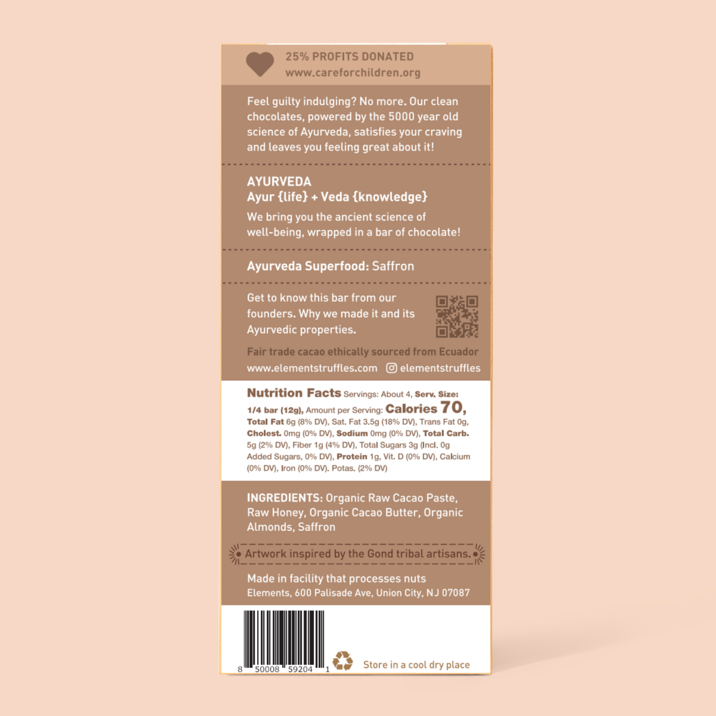 Back of a chocolate bar packaging with text and nutrition facts on a beige background