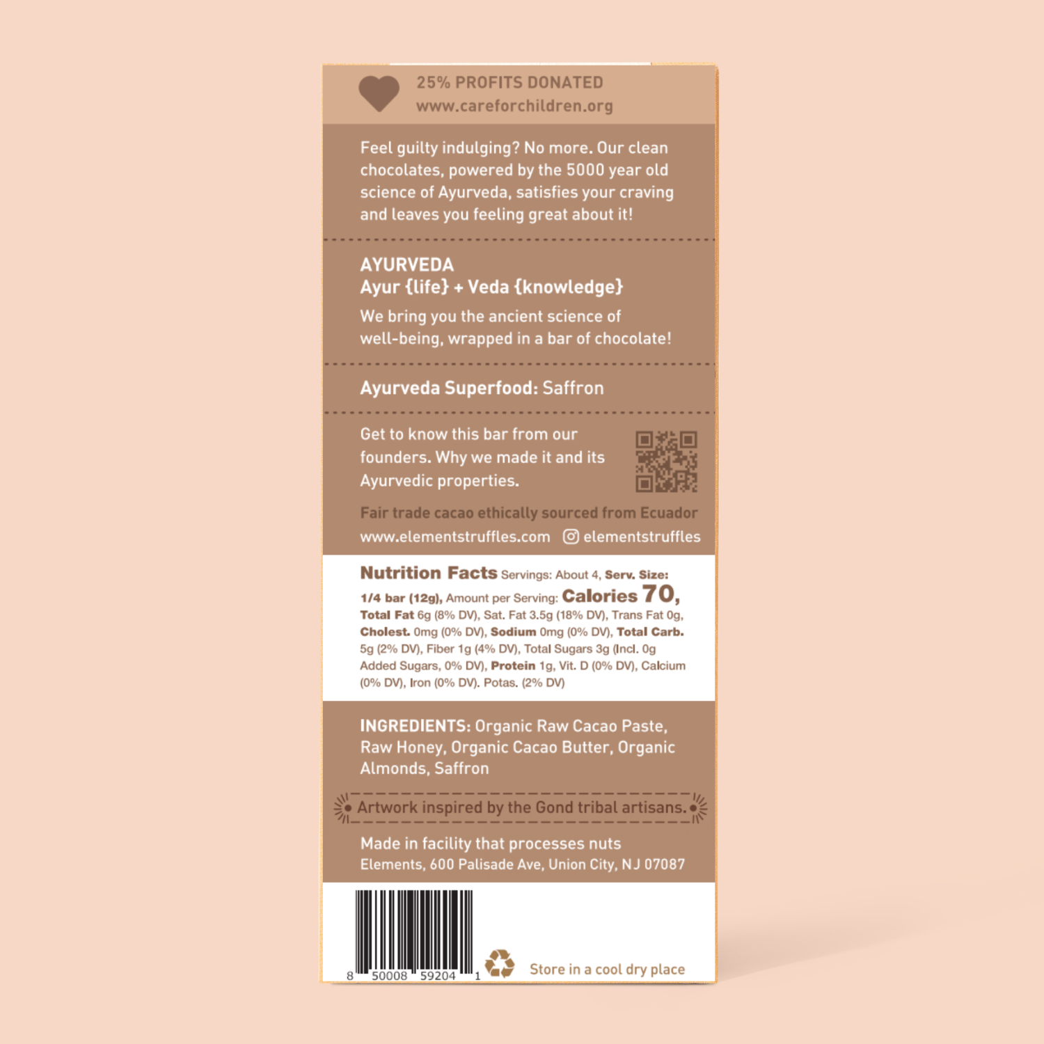 Back of a chocolate bar packaging with text and nutrition facts on a beige background