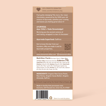 Back of a chocolate bar packaging with text and nutrition facts on a beige background