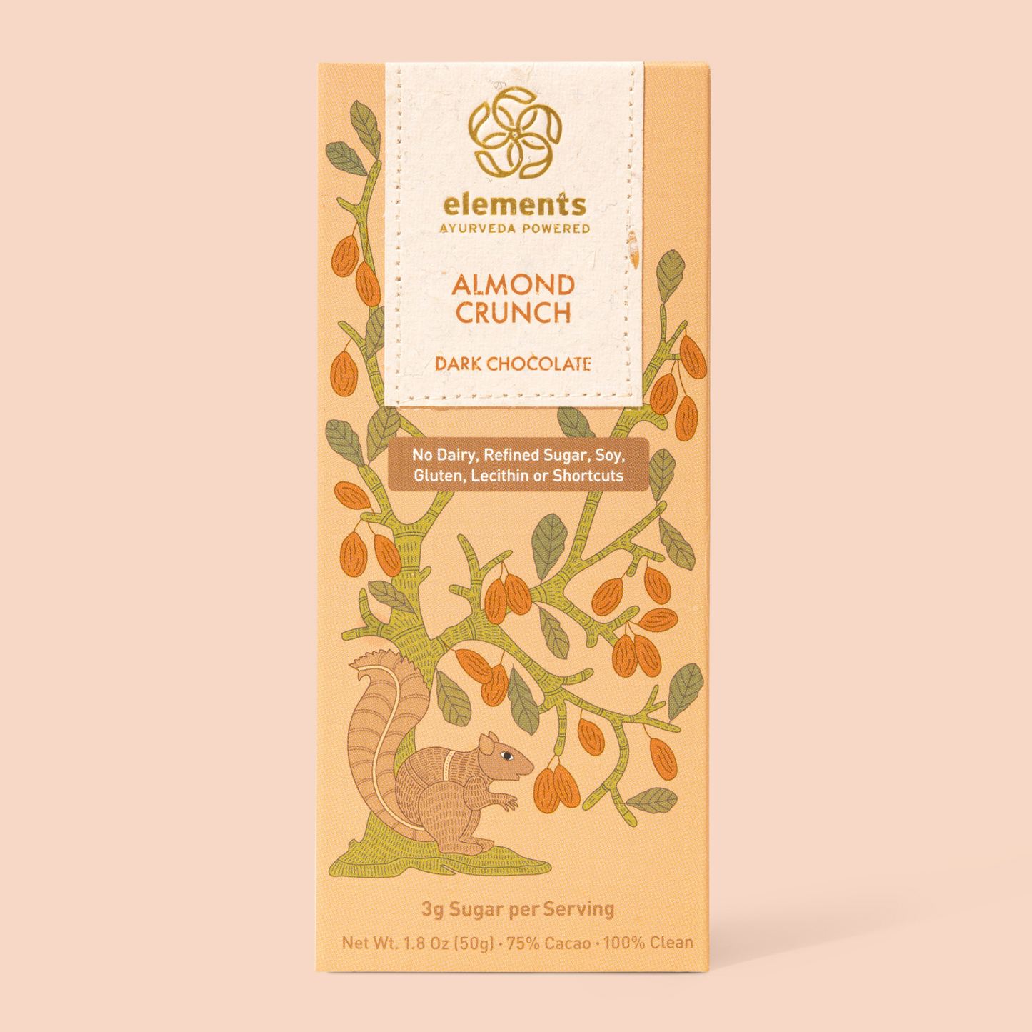 Chocolate bar packaging with almond crunch flavor on a beige background