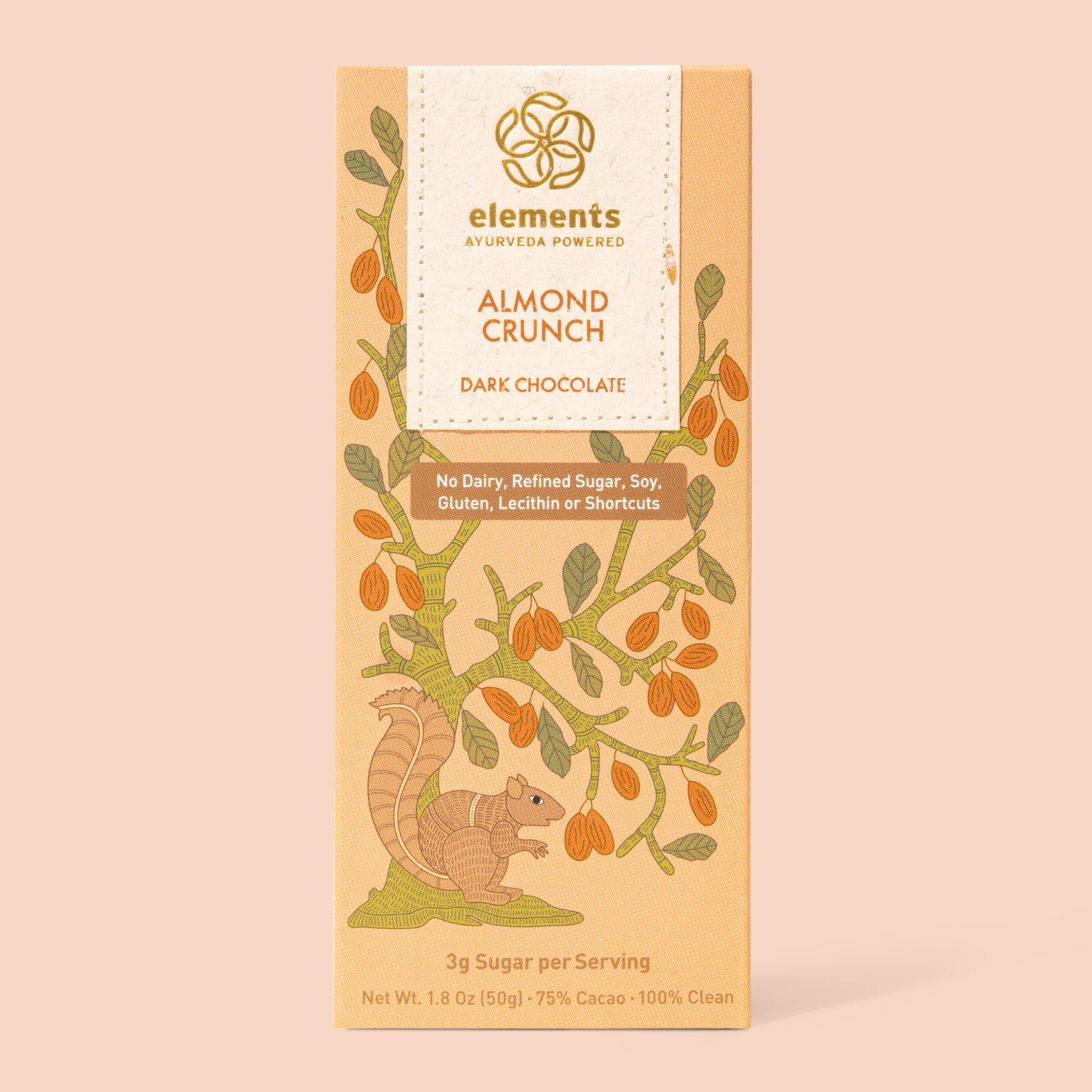 Chocolate bar packaging with almond crunch flavor on a beige background
