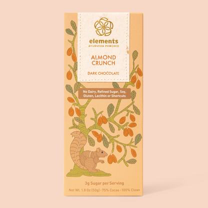 Chocolate bar packaging with almond crunch flavor on a beige background