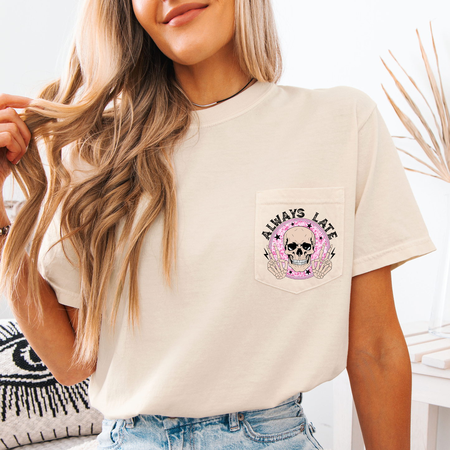 Always Late, Skeleton, Mood, Vibe, Pocket, Comfort Colors Pocket T-Shirt