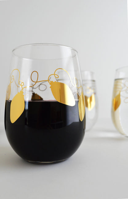 Metallic Gold Retro Christmas Lights Stemless Wine | Glassware | Kitchen + Metal