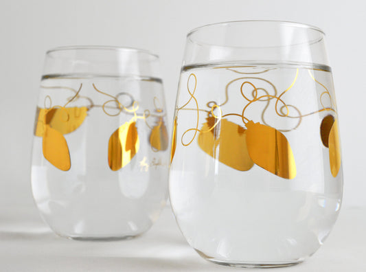 Metallic Gold Retro Christmas Lights Stemless Wine | Glassware | Kitchen + Metal