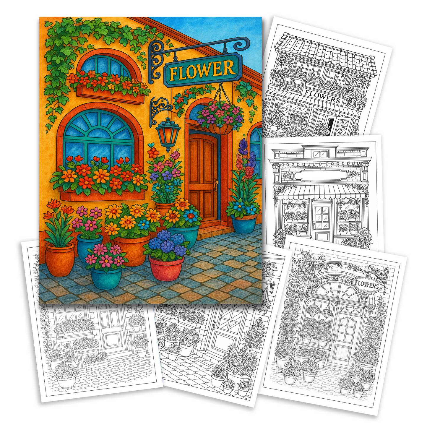 Flower Storefront Coloring Book - Romantic Streets and Blossoming Window Displays