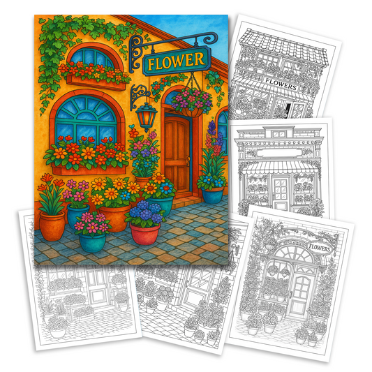 Flower Storefront Coloring Book - Romantic Streets and Blossoming Window Displays