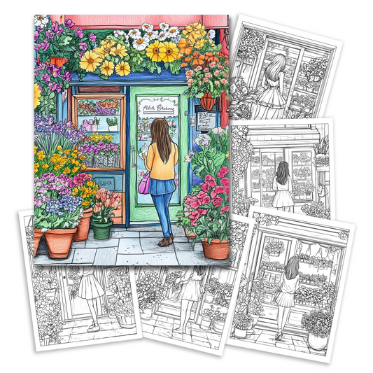 Flower Storefront Coloring Book - Hand Drawn Florist Shops for Relaxing Coloring