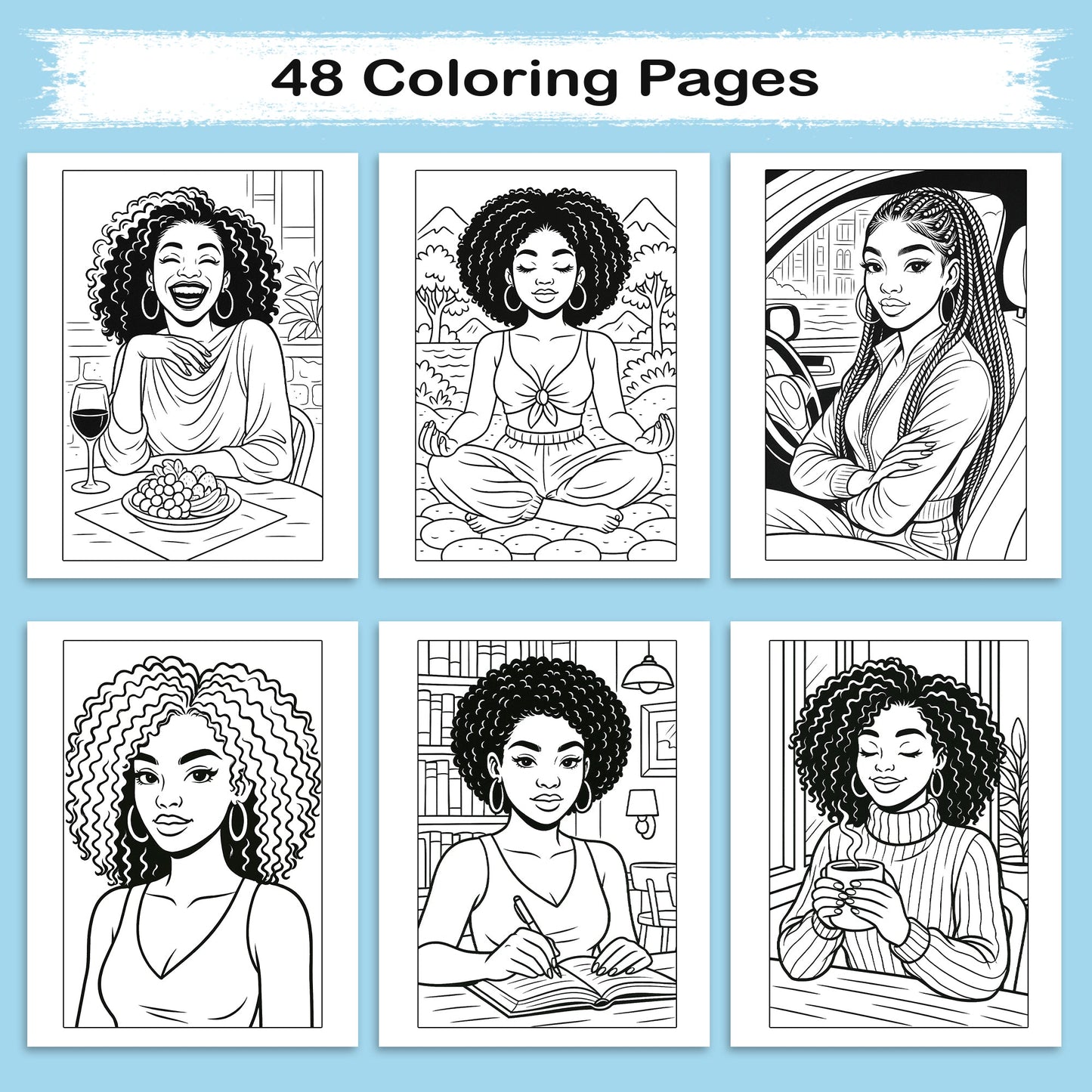Confident Beauty Black Women Coloring Pages – 48 Pages – Bold, Empowering, Self-Love Portraits – For Adults