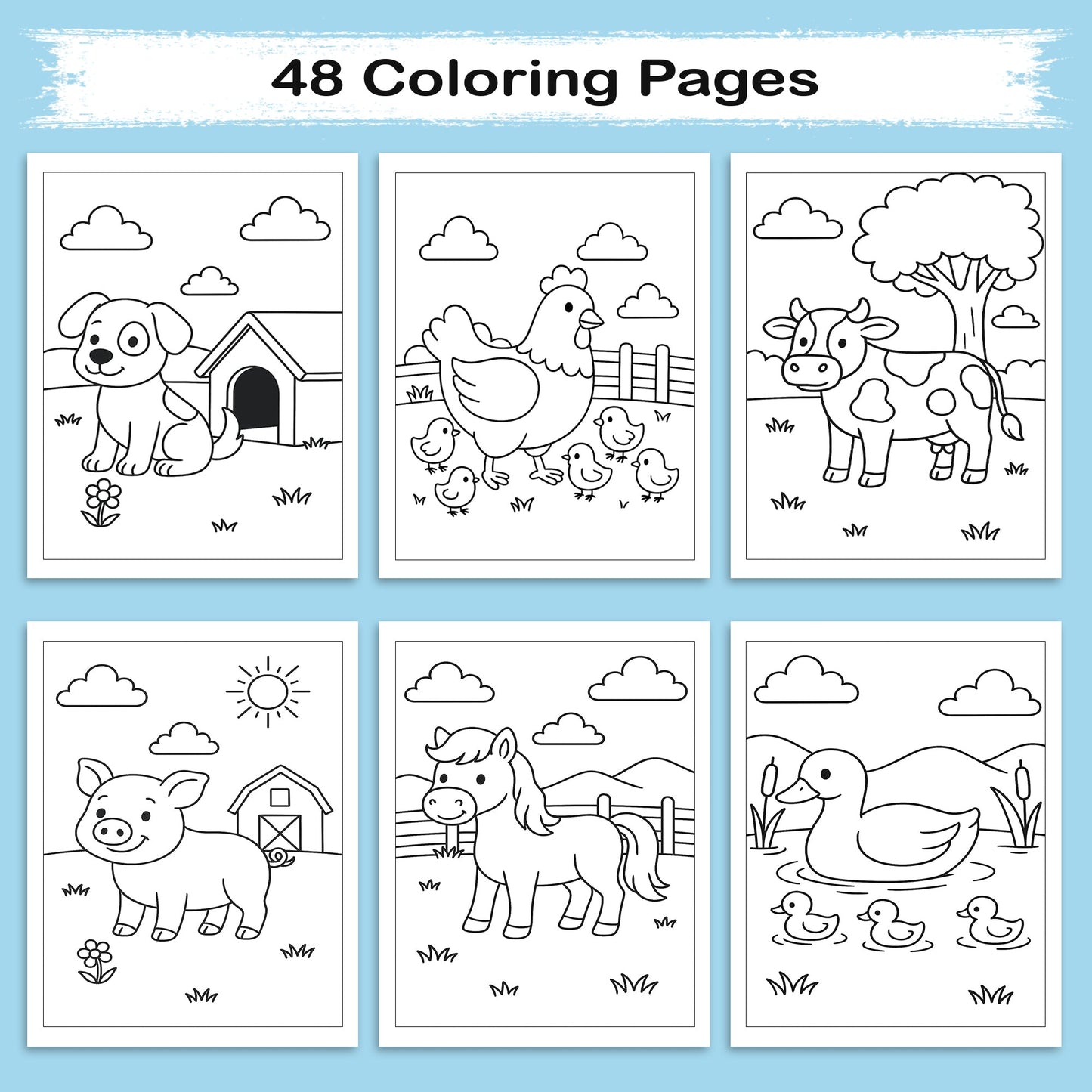 Happy Farm Animals Coloring Book – 48 Fun Coloring Pages for Kids