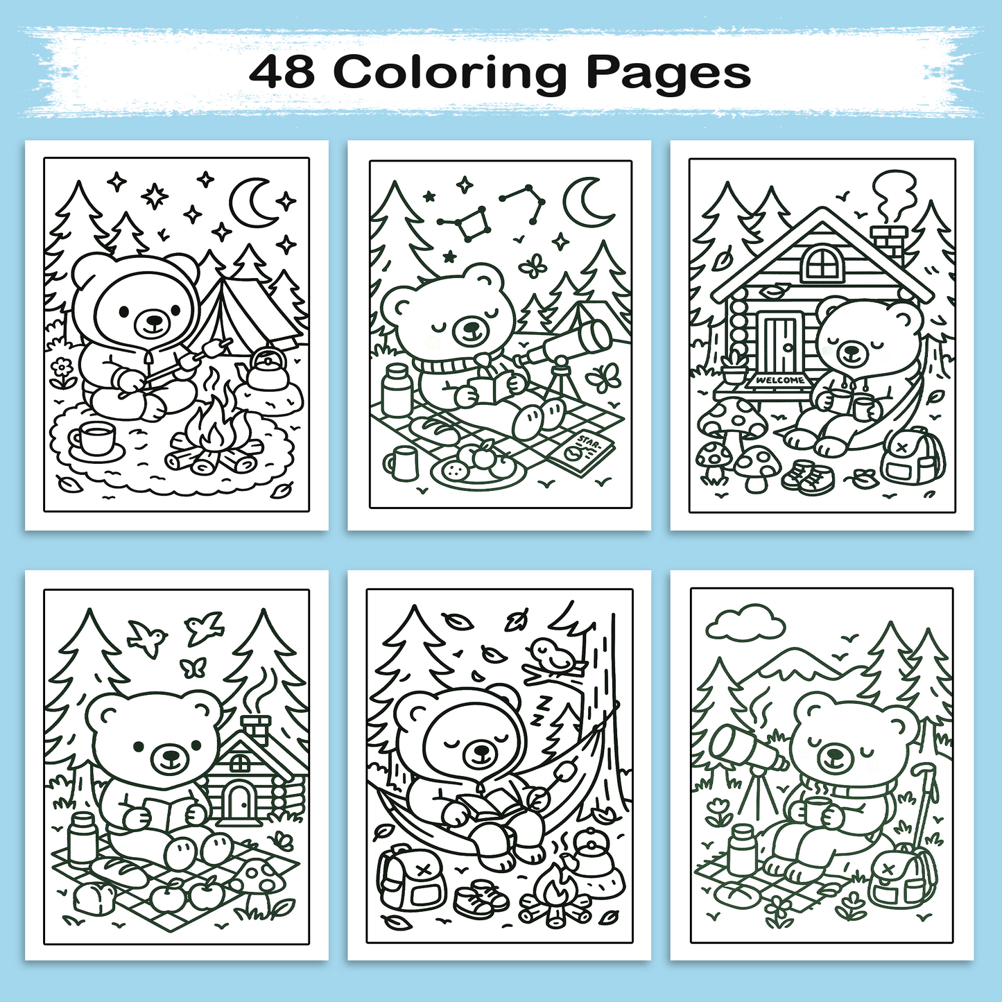 Cozy Nature Getaway Coloring Book – 48 Relaxing Outdoor Scenes with Cute Bears, Camping, Stargazing & Forest Adventures
