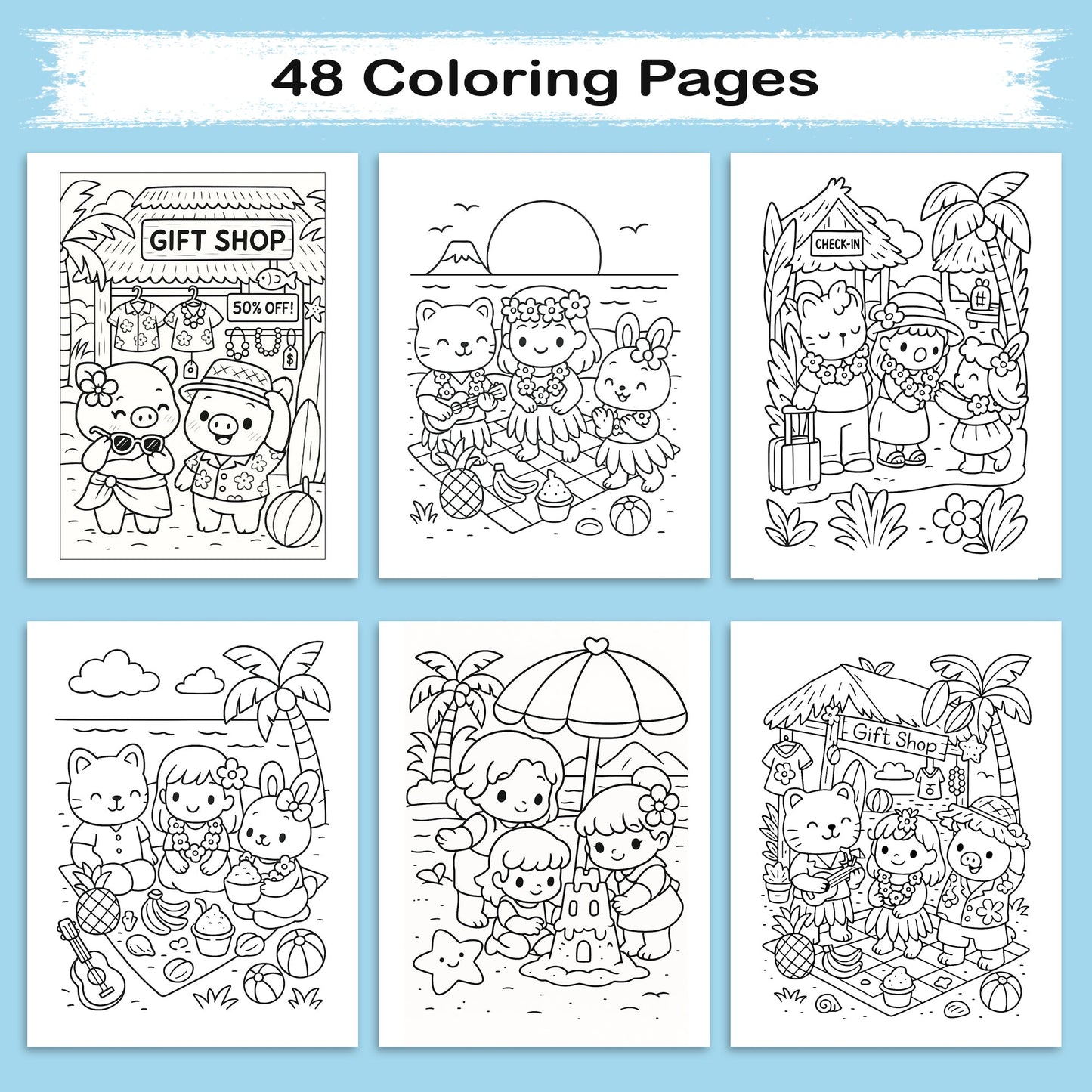 Cozy Hawaii Cute Vacation Coloring Book – 48 Coloring Pages for Kids and Adults