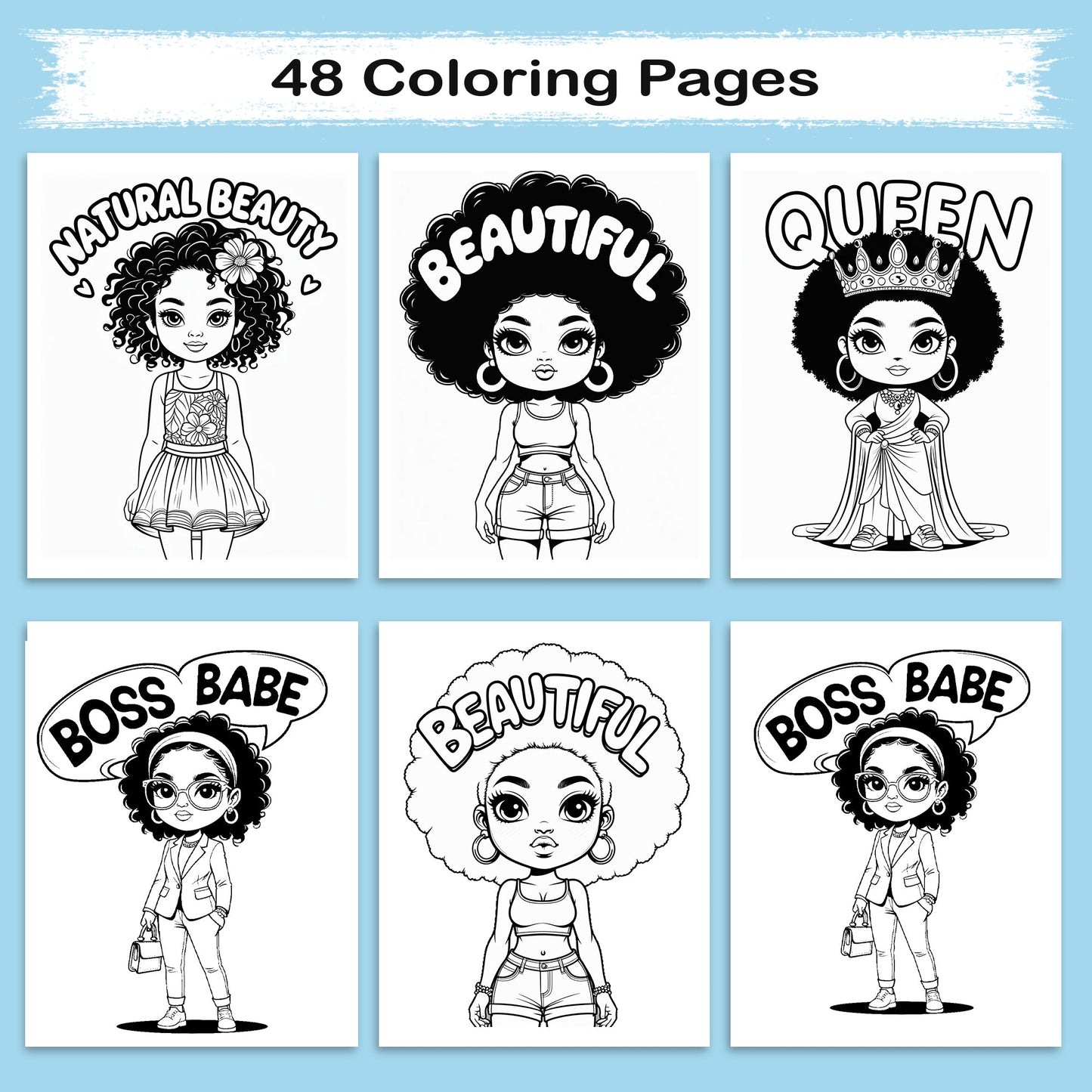 Afro Cuties Coloring Pages – 48 Pages – Cute, Chibi, Black Girl Magic – For Kids