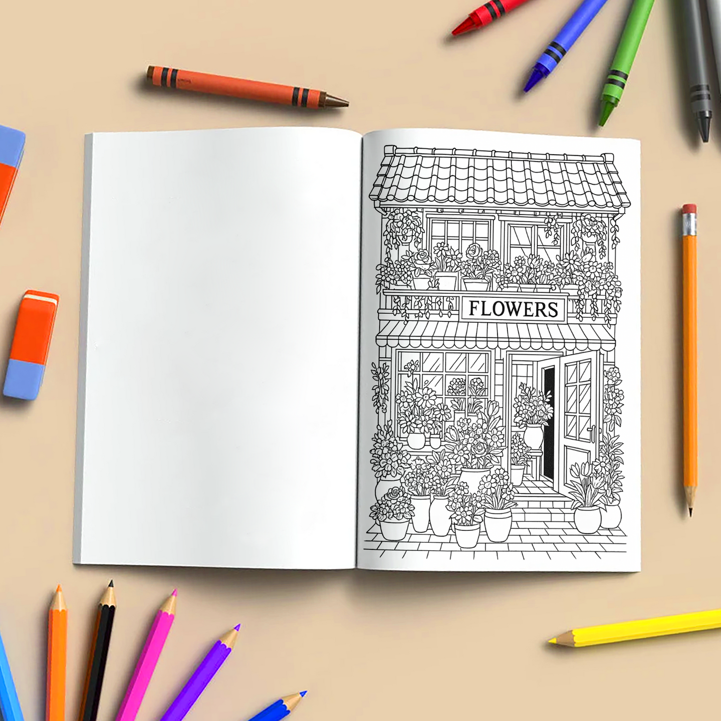 Flower Storefront Coloring Book - Romantic Streets and Blossoming Window Displays