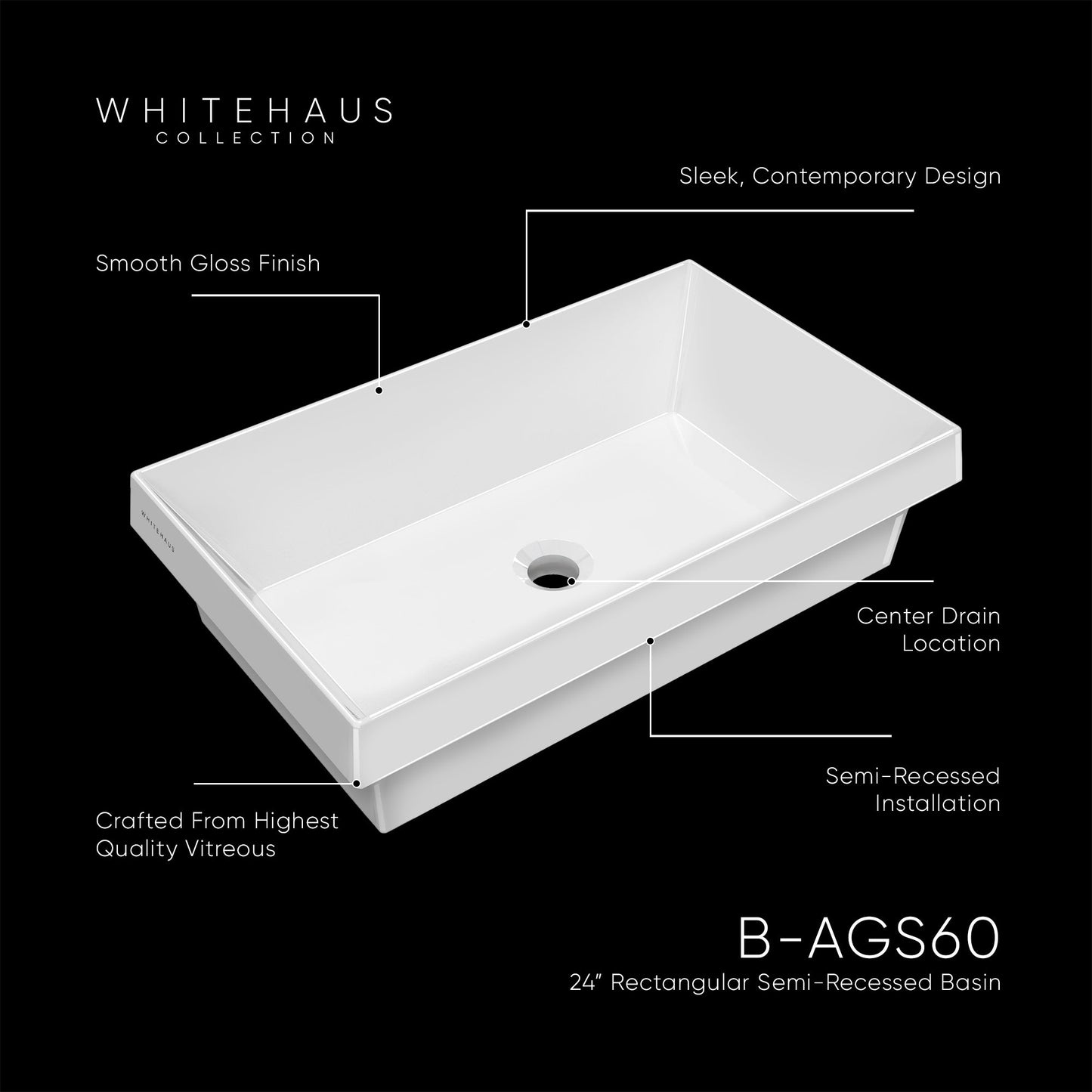 24" Rectangular Semi-Recessed Basin with Center Drain Location