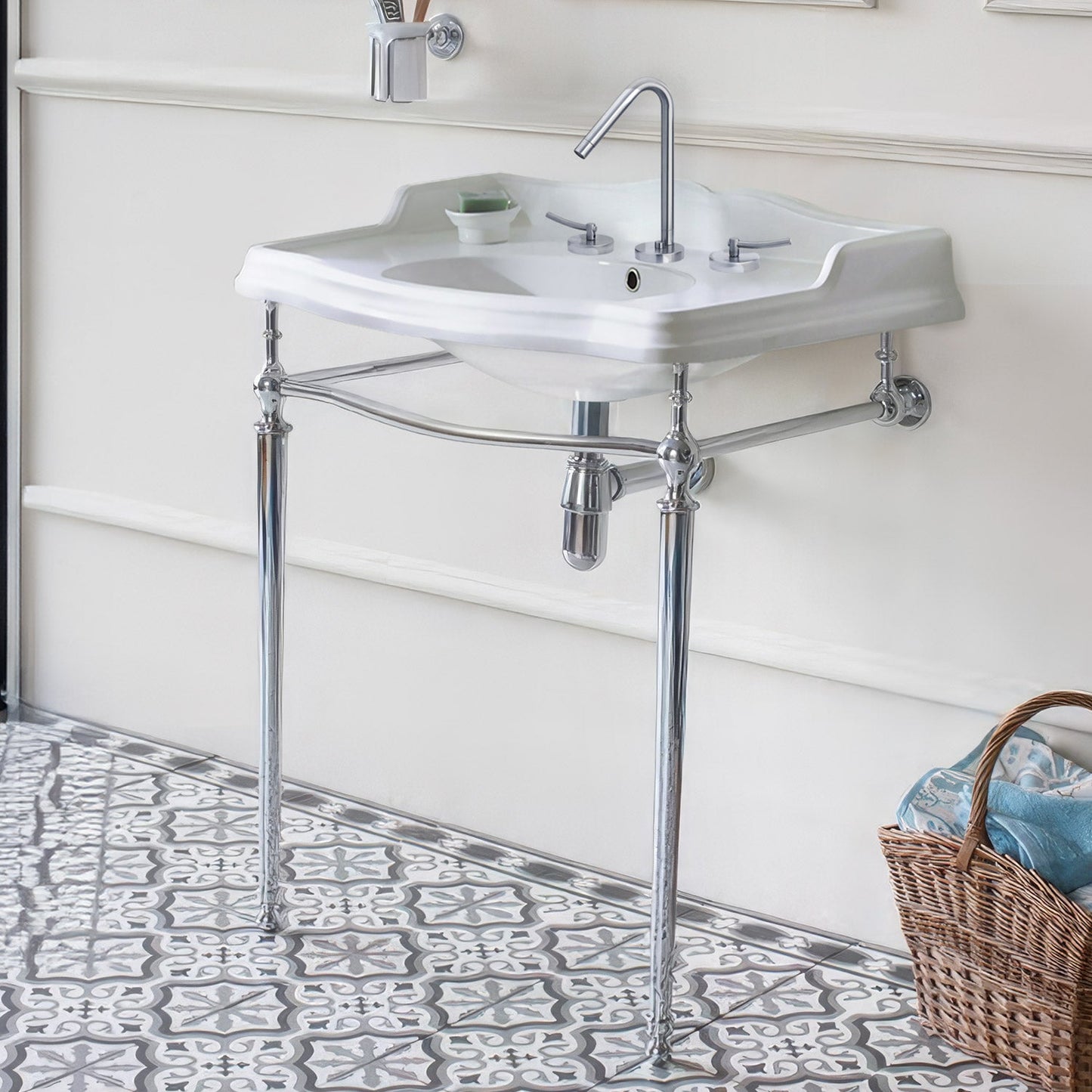 Britannia Large Rectangular Sink Console with Front Towel Bar and Faucet Hole Drill