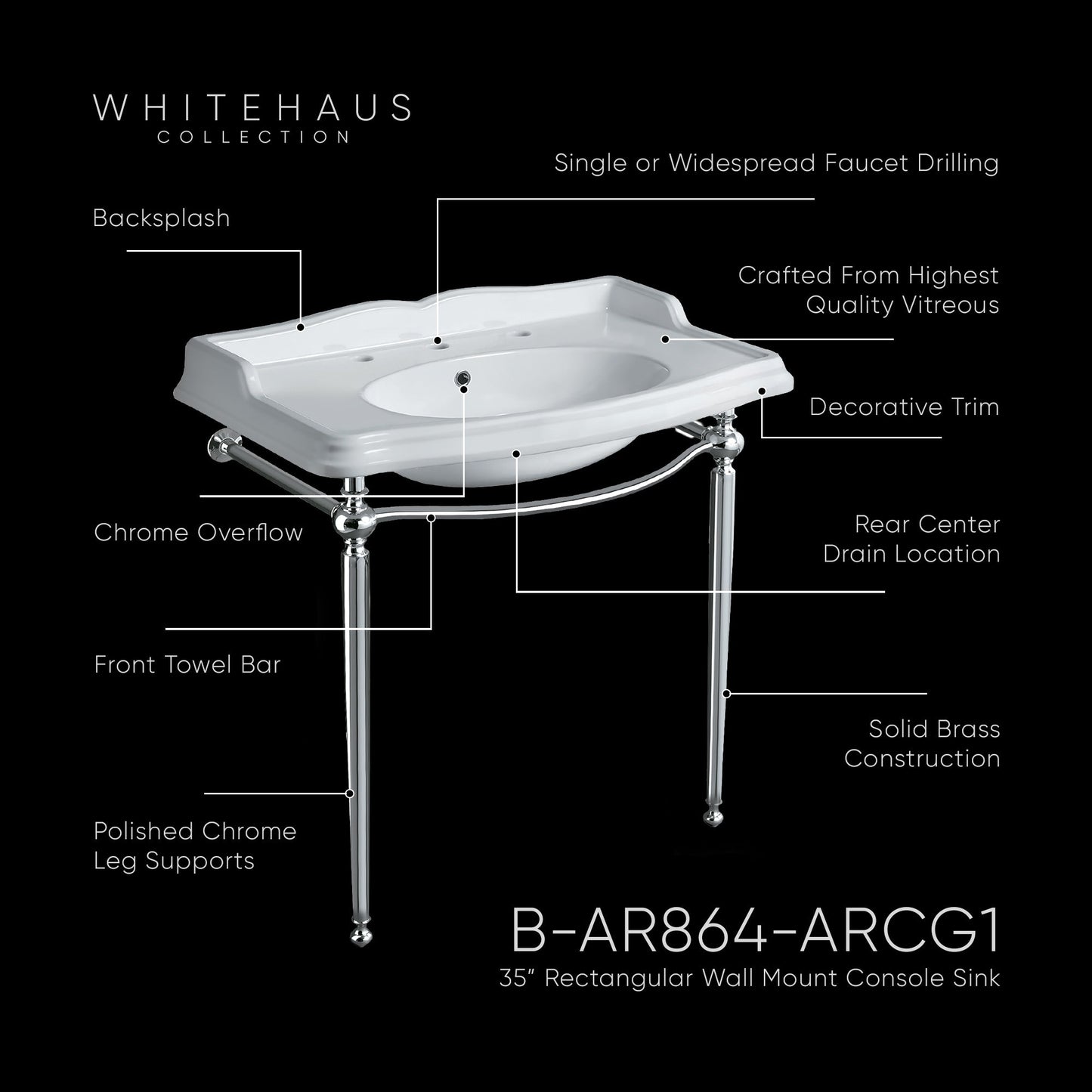 Britannia Large Rectangular Sink Console with Front Towel Bar and Faucet Hole Drill