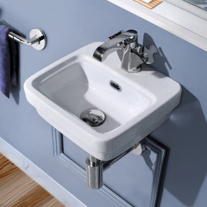 13" Rectangular Wall Mount Basin with Overflow Control Ledge, Single Faucet Drilling and Overflow