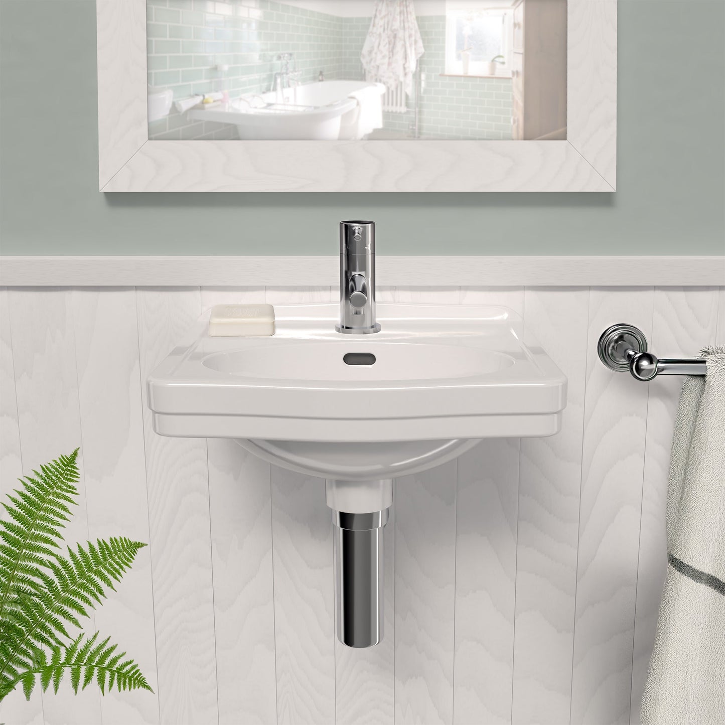 15" Rectangular Wall Mount Basin with Integrated Oval Bowl, Low-Rise Backsplash, Single Faucet Drilling and Overflow