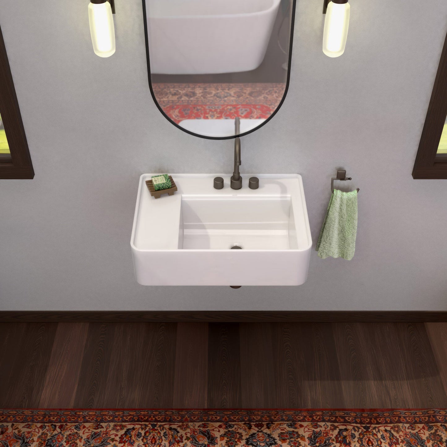 26" Rectangular Wall Mount Basin with Faucet Drilling and Rear Center Drain Location