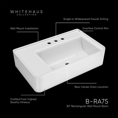 30" Rectangular Wall Mount Basin with Faucet Drilling and Rear Center Drain Location