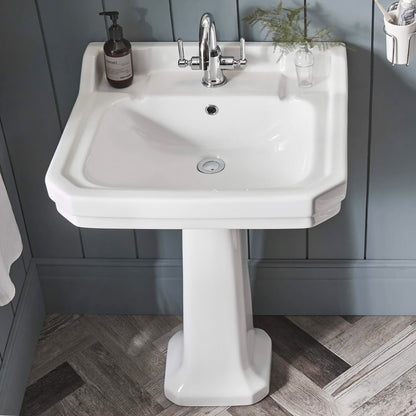 Isabella Collection Traditional Pedestal with Integrated Large Rectangular Bowl, Backsplash, Dual Soap Ledges, Decorative Trim and Overflow