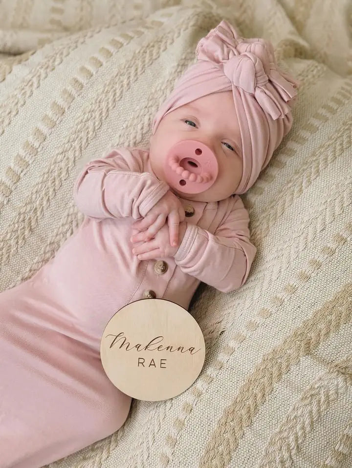 Newborn Knotted Gown and 3 Bow Turban Hat - Dusty Rose