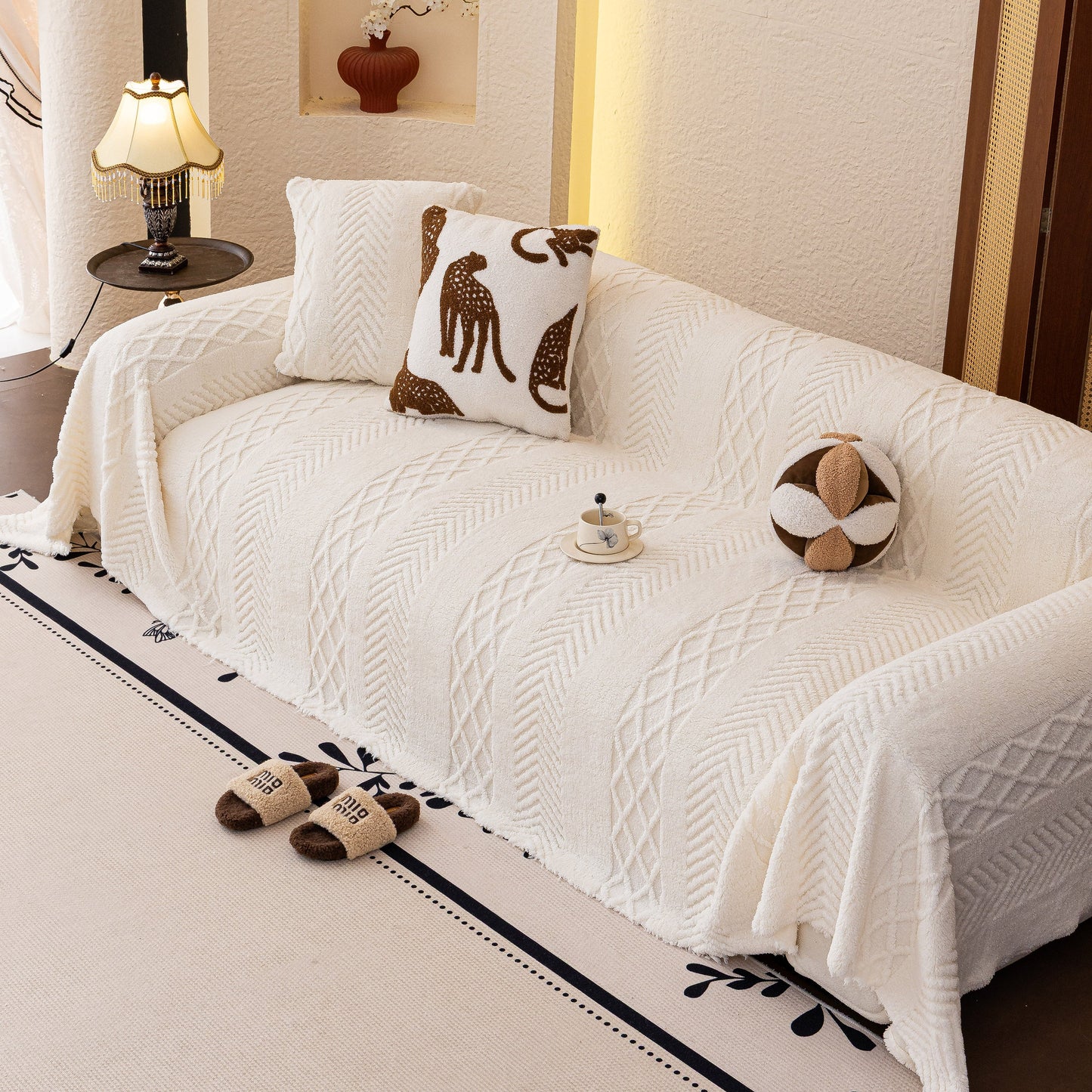 Plush Sherpa Fleece Sofa Cover with 3D Cable Knit Texture, Soft Cozy Throw Blanket