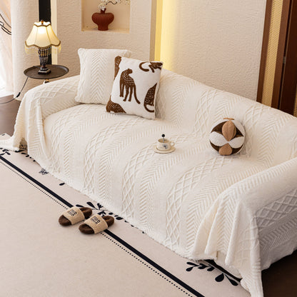 Plush Sherpa Fleece Sofa Cover with 3D Cable Knit Texture, Soft Cozy Throw Blanket