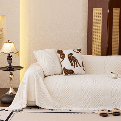 Plush Sherpa Fleece Sofa Cover with 3D Cable Knit Texture, Soft Cozy Throw Blanket
