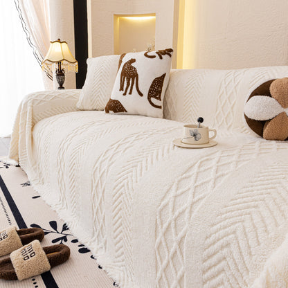 Plush Sherpa Fleece Sofa Cover with 3D Cable Knit Texture, Soft Cozy Throw Blanket