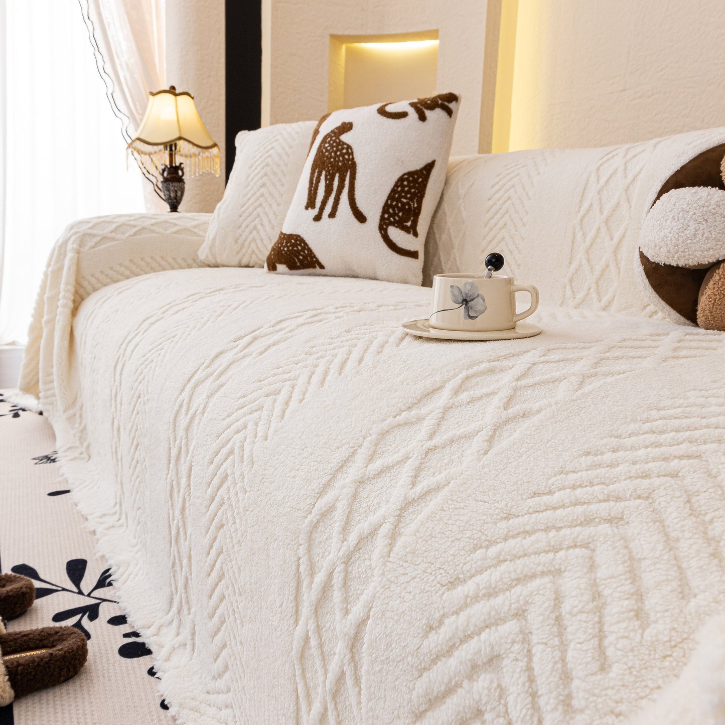 Plush Sherpa Fleece Sofa Cover with 3D Cable Knit Texture, Soft Cozy Throw Blanket