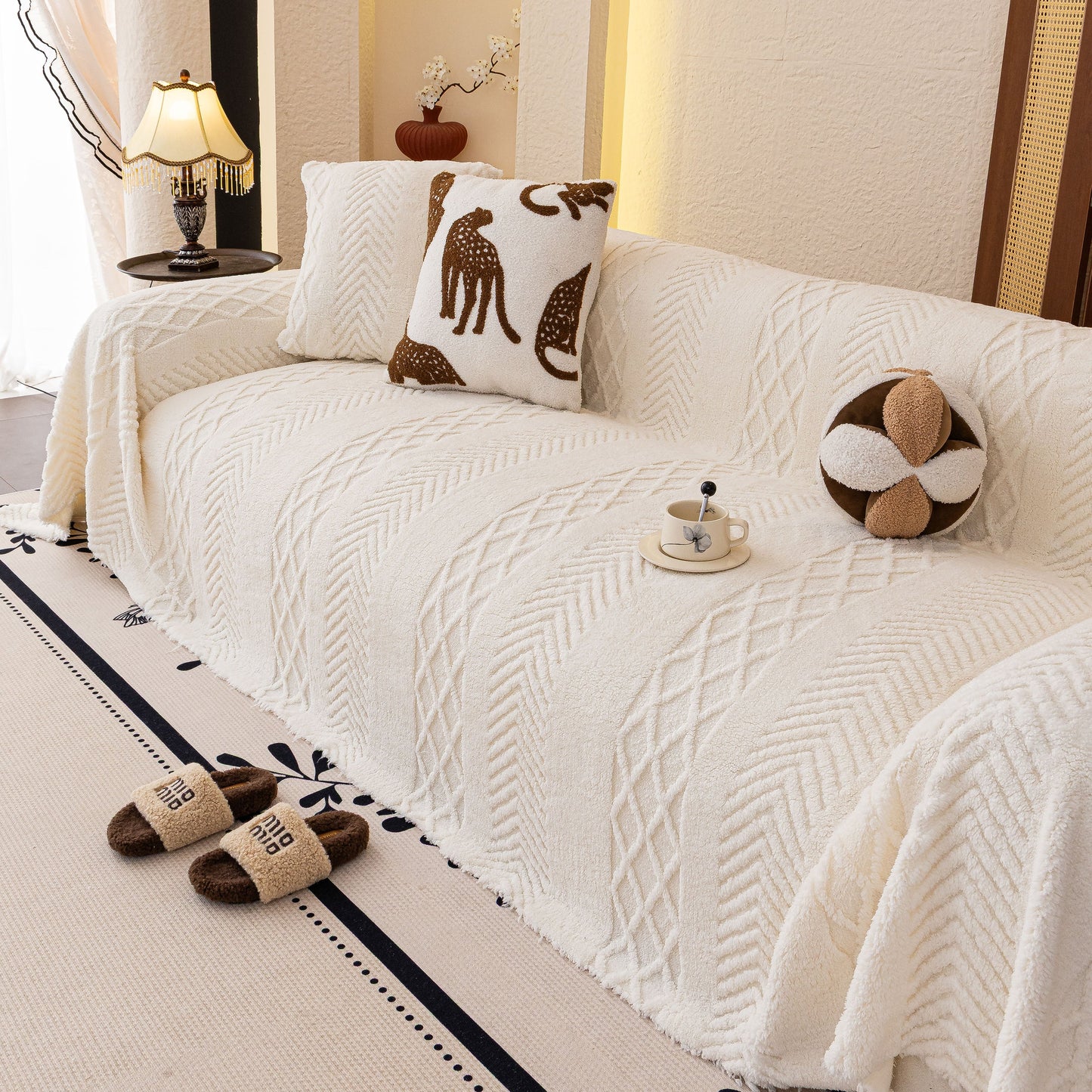 Plush Sherpa Fleece Sofa Cover with 3D Cable Knit Texture, Soft Cozy Throw Blanket