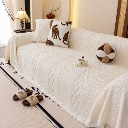 Plush Sherpa Fleece Sofa Cover with 3D Cable Knit Texture, Soft Cozy Throw Blanket
